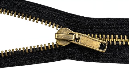 Macro shot of black and golden zipper in an open position against white background