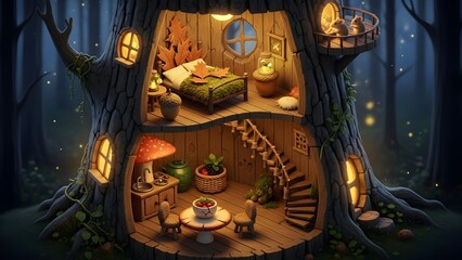 Enchanting fairy tale treehouse interior with cozy details and warm lighting