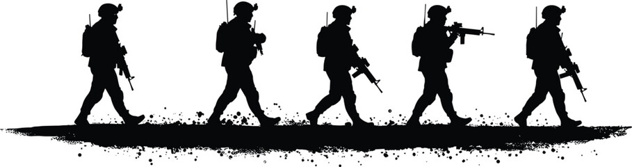 Obraz premium Black and white soldier silhouettes walking in line, military patrol march illustration, armed forces teamwork, army combat operation, battlefield discipline