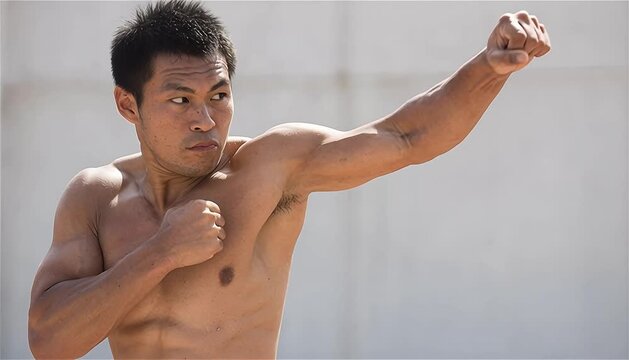 Asian man boxer training outdoors, practicing punching skill. Martial art workout, self defense and fitness concept.
