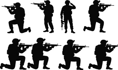 Black and white soldier silhouettes with rifles, military combat poses, tactical army training illustration, kneeling and standing armed forces figures