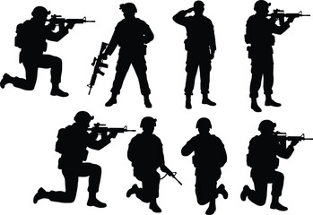 Obraz premium Black and white soldier silhouettes with rifles, military combat stances, tactical army figures illustration, kneeling, standing, saluting, walking armed forces