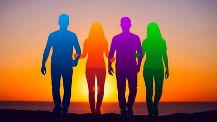 Vibrant diverse group walking arm in arm against a stunning orange sunset representing unity and friendship goals