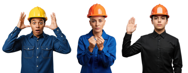 Three young diverse construction workers in safety hard hats showing surprise, determination, and a raised hand gesture.