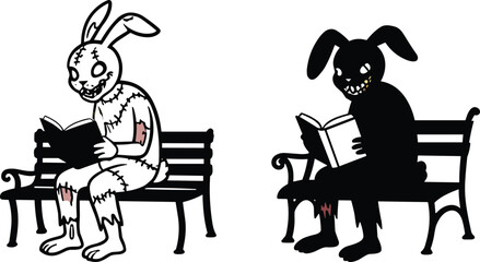 Stitched and sinister rabbits reading on benches, creepy cartoon character duo with hollow eyes and grin, surreal fantasy illustration, eerie contrast