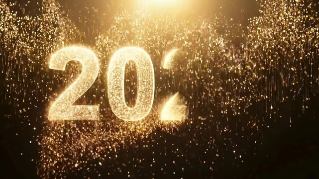 Luxurious Golden Rain Particles Reveal of Year 2026 Elegant New Year transition with golden sparkling rain and glittering particles forming the year 2026 against a dark gold background. Perfect for ce