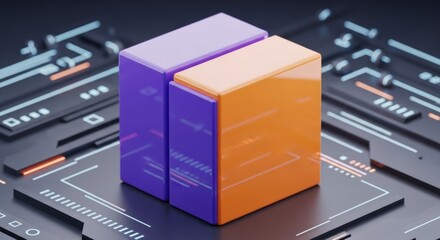 Abstract interplay of geometrical forms against a technological backdrop rendering