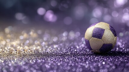 Fototapeta premium A soccer ball with purple and gold accents set on a shimmering, bokeh-filled surface