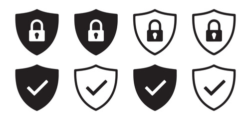 Security shield icon set. Black lock and check mark symbols.