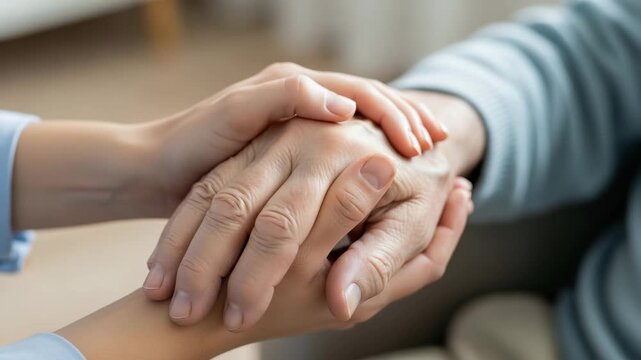 A womans hand gently holds an older persons hand, representing care, support, and empathy in a helping relationship