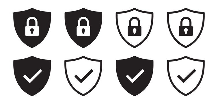 Security shield icon set. Black lock and check mark symbols.