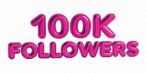 realistic 3d 100K followers celebration with different colors foil balloons isolated on transparent background