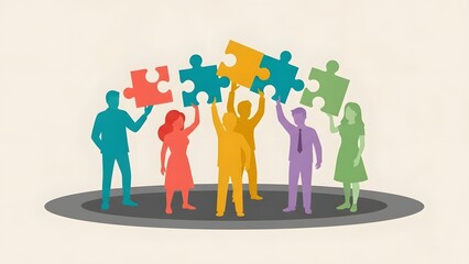 Diverse group of people connecting puzzle pieces representing teamwork and collaboration