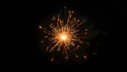 Sparkling firework sparkler lit, bright sparks against deep black background
