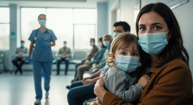 Mother comforting her young child in a busy medical waiting room wearing masks with copy space.