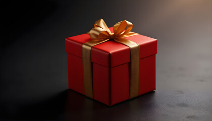 Fototapeta premium red gift box with gold ribbon, isolated on blackbackground, soft spotlight, luxury holiday mood
