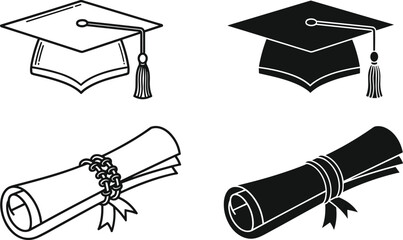 Graduation cap and diploma scroll silhouette collection, academic education symbols illustration set for ceremony, achievement, school success and university design themes