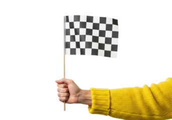 Adult hand gripping a black and white checkered racing flag on a wooden dowel, emerging from a bright canary yellow chunky knitted wool sweater, transparent background. Concept for commercial
