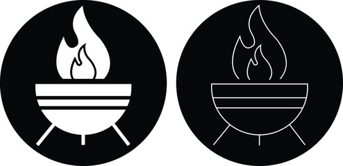 Outdoor fire pit icons set flat, outline styles. Graphic illustration depicting burning wood flame campfire barbecue BBQ grill minimalist silhouette design elements isolated on transparent background.