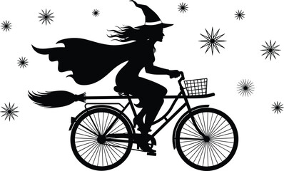 Magical witch riding bicycle silhouette with flowing cape and broom, fantasy Halloween illustration featuring stars, mystical night theme artistic design