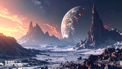 Exoplanet landscape at twilight with alien mountains under a massive moon and starry sky