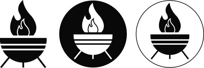 Outdoor fire pit icons set in flat styles. Graphic illustration depicting burning wood flame campfire barbecue BBQ grill minimalist silhouette design elements isolated on transparent background.