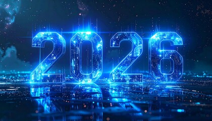 Glowing '2026' hovers over a glittering cityscape with a futuristic aesthetic and vibrant blue light accents
