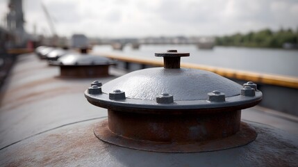 A weathered bolted industrial vessel hatch in close up with a blurred background of water and distant structures