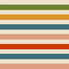 Seamless retro stripe pattern with horizontal lines in warm earthy tones. Simple geometric design featuring mustard, teal, olive, clay, red and cream colors, ideal for textiles, decor, packaging