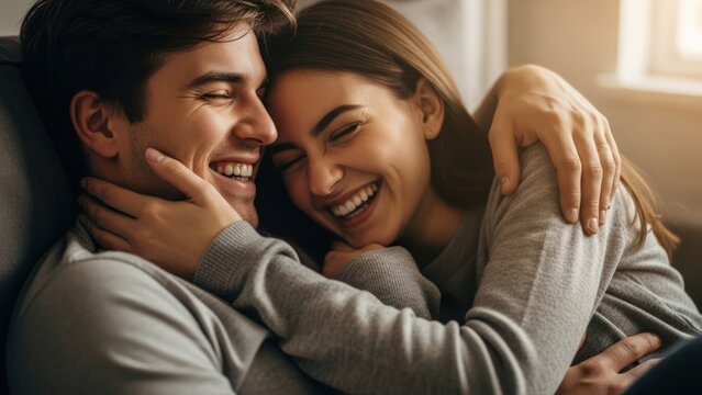 Affectionate young partners enjoying a heartwarming moment of shared laughter and radiant connection, comfortably embracing in their cozy, sunlit home - Powered by Adobe