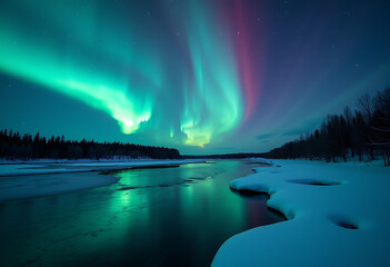 Vibrant aurora borealis over frozen river and snowy landscape under starry night sky
