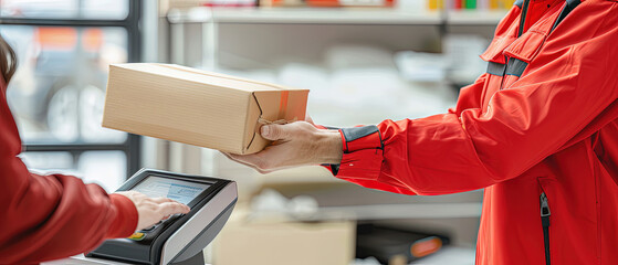 Delivery person in orange uniform holds a cardboard box while another hand operates a POS terminal for contactless payment.