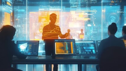 Cybersecurity Team Meeting: A dynamic team of cybersecurity professionals huddles in a high-tech command center, immersed in complex data analysis. - Powered by Adobe