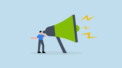 Amplify megaphone, 4k animation of businessman shouting on big amplifier megaphone. - Powered by Adobe