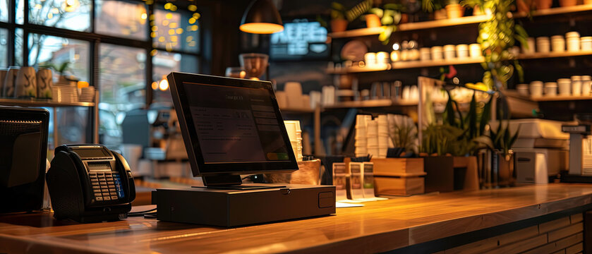 Contemporary coffee shop interior featuring a wooden counter with a touchscreen POS terminal, card reader, and cozy decor elements.