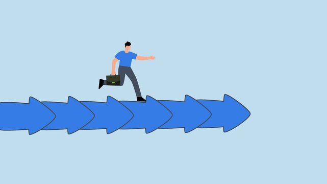 Consistency to growth, 4k animation of businessman walk slowly on steady consistence arrow.