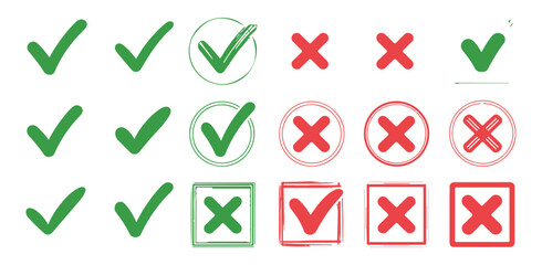 Collection of green ticks and red X signs. Yes and No icons.