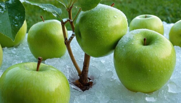 Frozen Polka Ice hap green apple as Surreal Art Objects with green leaf. 10
