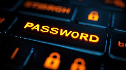 A close-up of a keyboard highlighting the word "PASSWORD" in orange, emphasizing cybersecurity and digital protection.