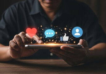 Person interacting with social media icons on a smartphone