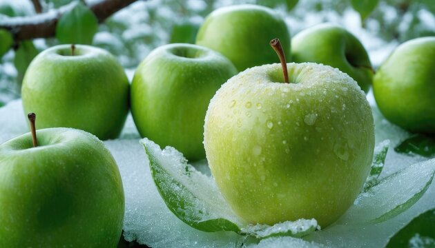 Frozen Polka Ice hap green apple as Surreal Art Objects with green leaf. 1