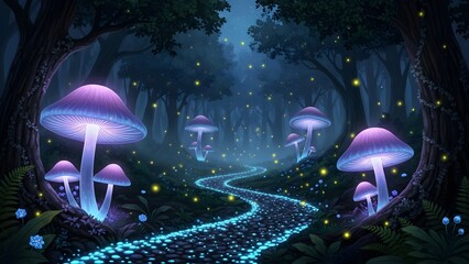 Enchanted forest path with glowing mushrooms and a winding blue stream