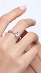 Close-up of a womans hand showcasing a beautiful diamond engagement ring, symbolizing love and commitment.