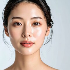 Close-up portrait of a beautiful young Asian woman with natural makeup and glowing skin.