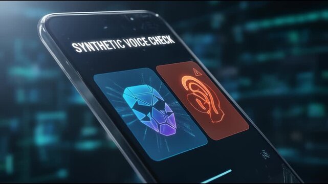 Synthetic voice check deepfake technology on smartphone screen preventing crimes with facial and ear recognition in digital security system