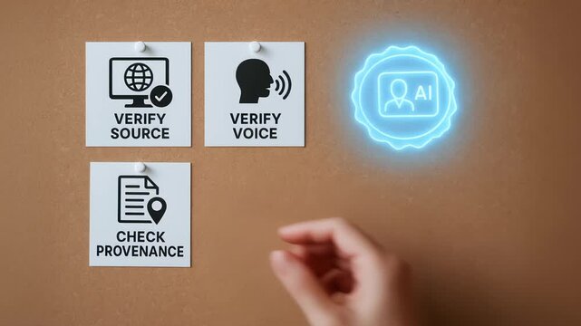 Verify source voice check provenance notes pinned on board with glowing AI badge symbol verifying deepfake detection and AI crimes protection