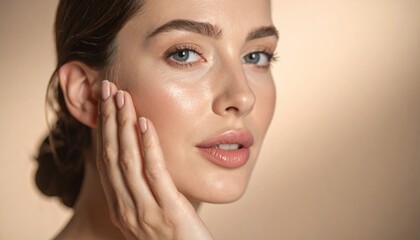 Close-up portrait of a beautiful young woman with glowing skin, natural makeup, and a serene expression, touching her cheek gently.