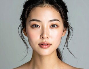 Close-up portrait of a beautiful young Asian woman with natural makeup looking directly at the camera.