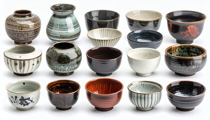 Collection of Japanese Ceramic Tea Bowls and Vases on White Background.