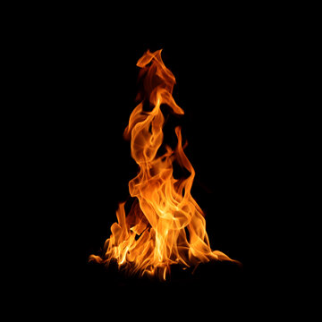 Bright orange fire flames isolated on black background, showing dynamic heat and energy movement. Perfect for design overlay, explosion effect, power, danger, and abstract background use.